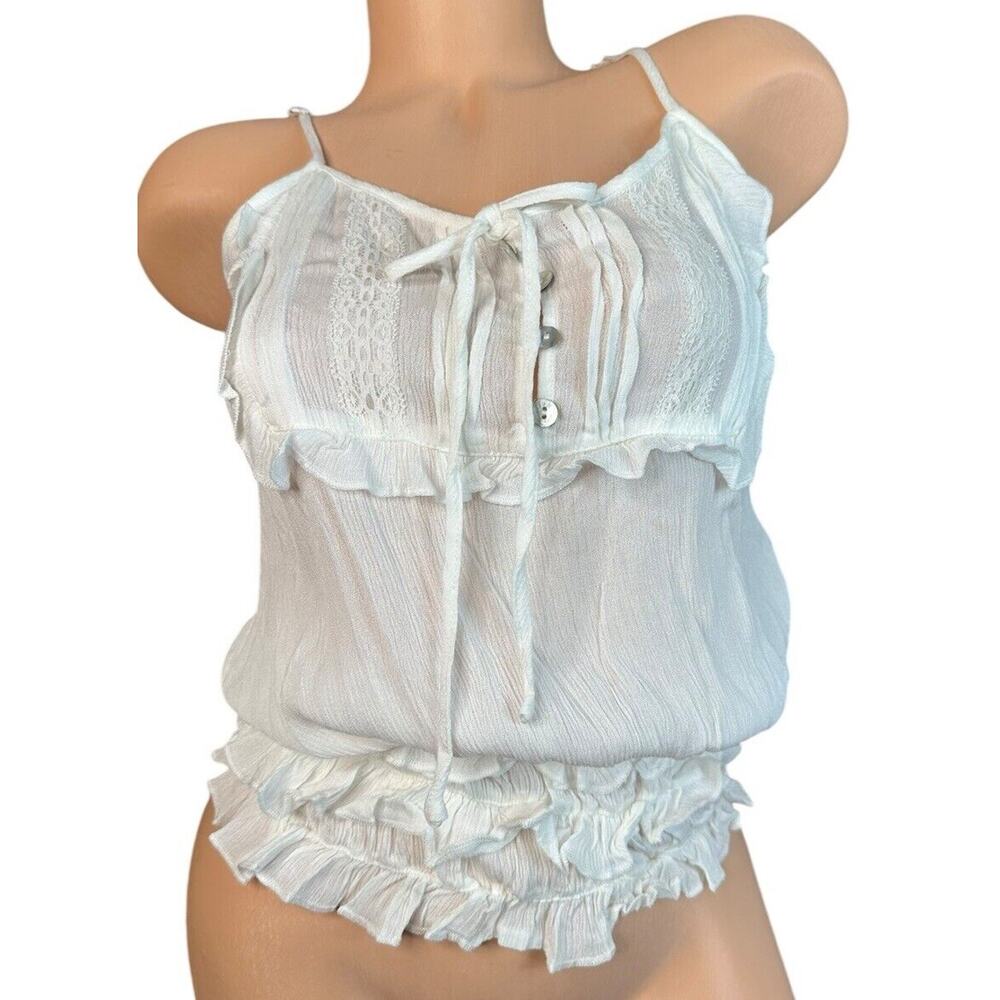 POL Womens White Gauze Ruffled‎ Hem Tie Neck Tank Top Lace Boho Beachy Size S
